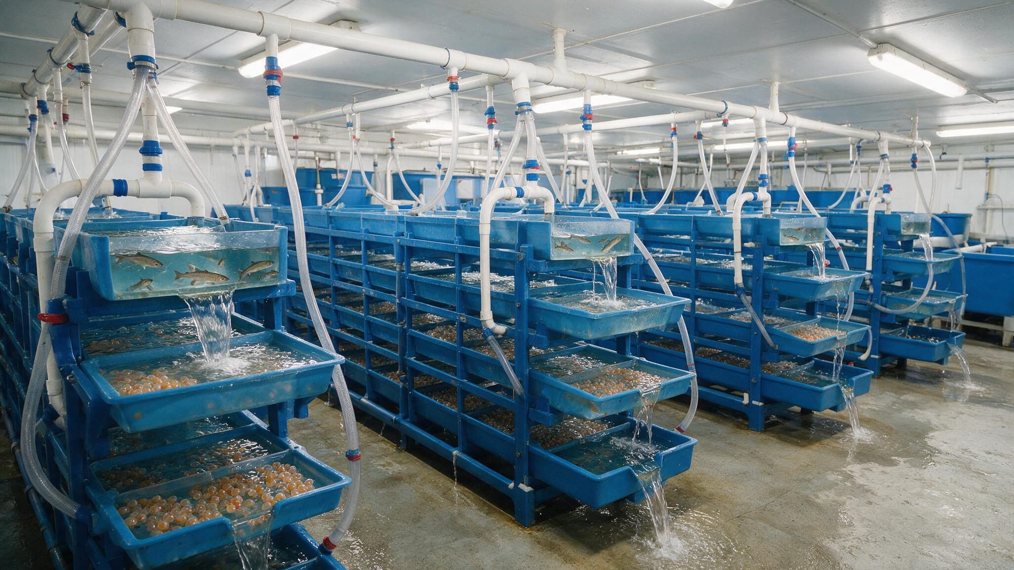 Interior ferma piscicola de incubatie cu tavi de icre de pastrav si sistem de recirculare a apei
